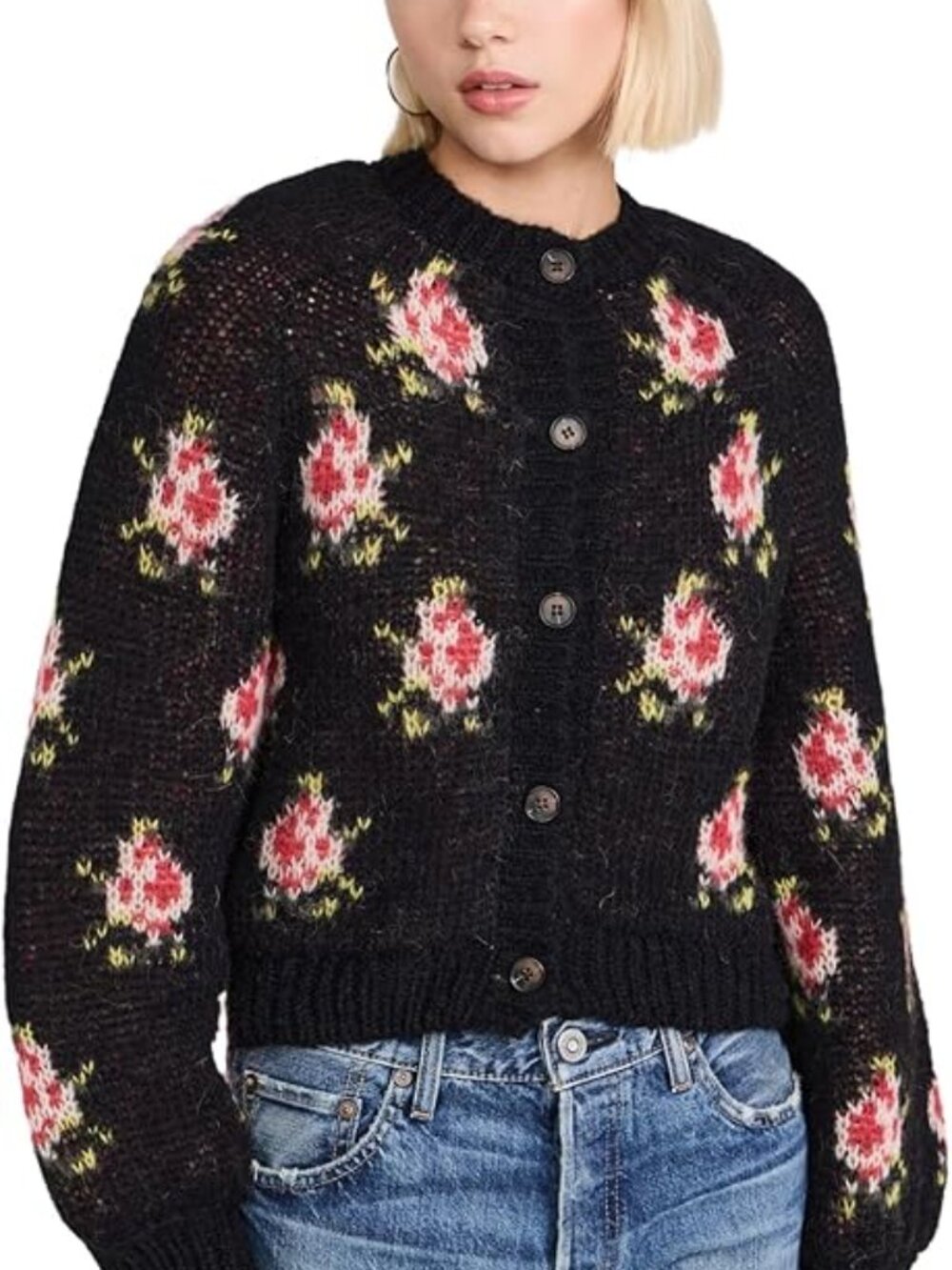 THE GREAT. Women's The Carousel Cardigan Alpaca Black Heirloom Rose Women Size S - Picture 2 of 3